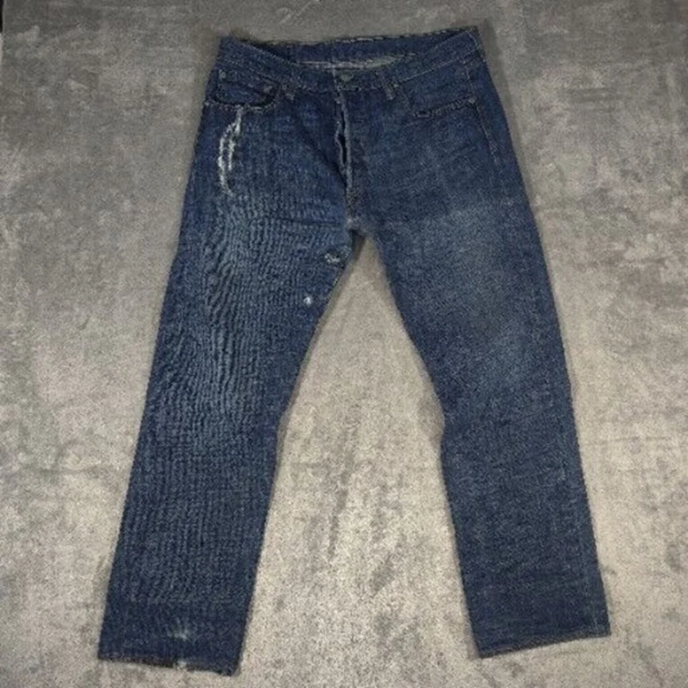 Levis Jeans Mens 36x28 Dark Wash Original Fit Button Fly Denim‎ Distressed *